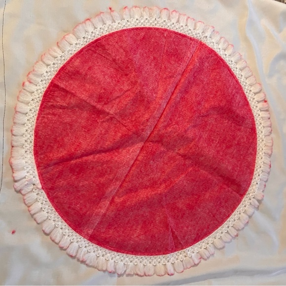 Vintage Red Tee Shirt LARGE 36” white fringe trim Christmas tree skirt - Picture 3 of 5